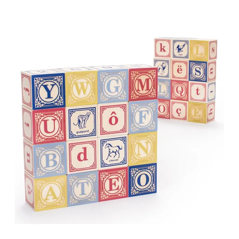 Blocs de cubes alphabétiques Uncle Goose formant un motif coloré avec lettres encadrées et petits dessins, style éducatif pour enfants.