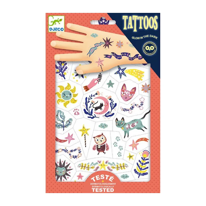 Tatouages phosphorescents “Sweet dreams” DJECO 9592 à motifs marins et magiques phosphorescent dans le noir, testés Dermatologiquement.