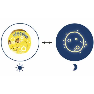 Tatouages phosphorescents « Sweet dreams » DJECO 9592: motif lunaire avec renard sur fond jaune qui devient lumineux dans l’obsc