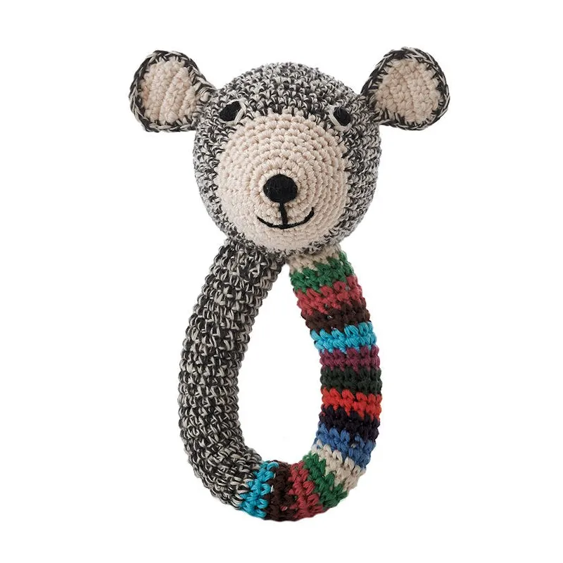 Hochet nounours en crochet "Teddy" gris et rayé anne-claire petit