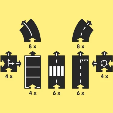 Kit de circuits Route flexible Waytoplay, coffret King of Road 40 pcs affichant les pièces et leurs quantités (8x, 4x, 6x).