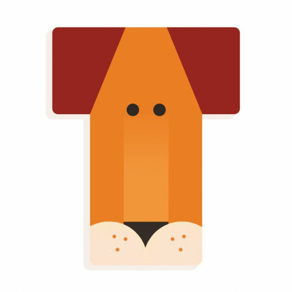 Lettre T en bois DJECO Animaux graphiques / orange et rouge foncé