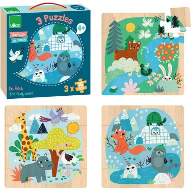 Coffret 3 puzzles en bois 'Animaux du monde' Michelle Carlslund VILAC 8530