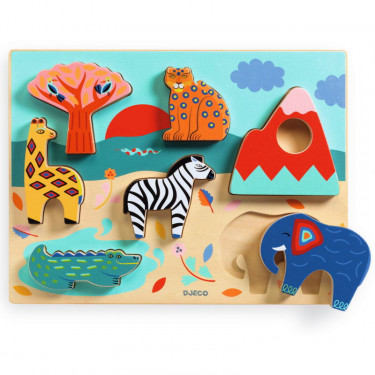 Puzzle relief en bois Savana Story, jeu d'encastrement DJECO 1068