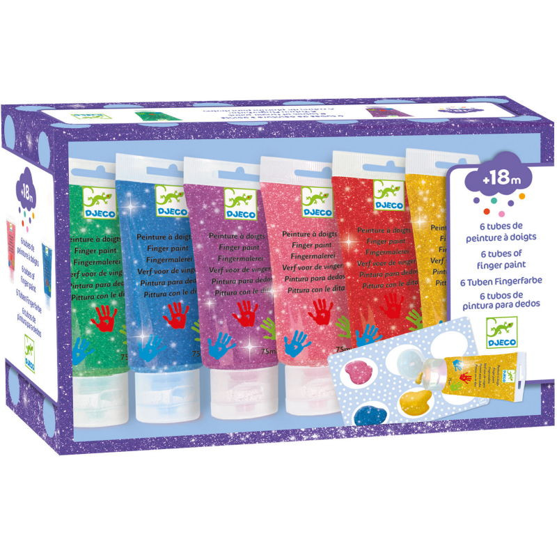 6 tubes de peinture à doigts pour enfant - couleurs pailletées