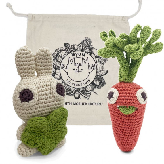 "Kit Lapinou" hochets pour bébé en crochet en coton bio The veggy toys