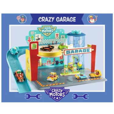 Garage en bois Crazy Motors DJECO 5495 – mini circuit de parking avec rampe de sortie et voitures miniatures.