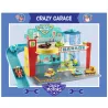 Garage en bois Crazy Motors DJECO 5495 – mini circuit de parking avec rampe de sortie et voitures miniatures.
