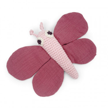 Doudou hochet "Papillon rose" en coton bio - Myum - The veggy toys