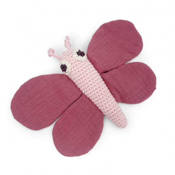 Doudou hochet "Papillon rose" en coton bio - Myum - The veggy toys