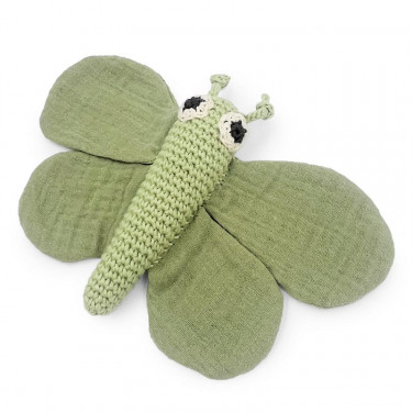 Doudou hochet "Papillon vert" en coton bio - Myum - The veggy toys