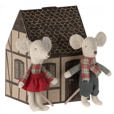 Jumeaux souris en hiver dans leur boîte "maison" Maileg