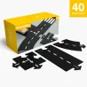 Circuit de route flexible Waytoplay, coffret King of Road 40 pièces : pièces noires modulaires avec flèches et routes, boîte jaune illustrée.