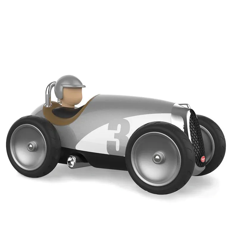 Voiture de course vintage Baghera gris métal N°3, miniature Racer Silver avec pilote, numéro 3 assis.
