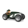 Voiture de course Baghera verte et blanche N°4 avec pilote miniature et design rétro, silhouette orange-brun assise, roues argentées.