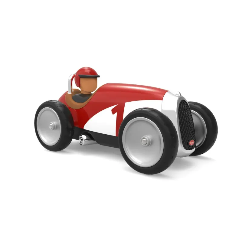 Voiture de course Baghera rouge et blanche N°1, jouet miniature avec pilote, roues robustes et design rétro vintage très décoratif.