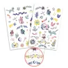 Tatouages phosphorescents “Sweet dreams” DJECO 9592: planches avec motifs de chats, étoiles et éléments astrales sur fond blanc, détail d’un motif phosphorescent encerclé.
