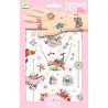 Tatouages temporaires “Les bijoux de Fiona” DJECO 9586 sur packaging rose, main illustrée montrant des motifs floraux et marins.