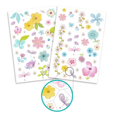 Tatouages « Belle des champs » DJECO 9585 – planches florales colorées avec papillons et motifs délicats, zoom sur une fleur jaune et détails géométriques.