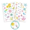 Tatouages « Belle des champs » DJECO 9585 – planches florales colorées avec papillons et motifs délicats, zoom sur une fleur jaune et détails géométriques.