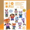 Dèsigne une planche de 15 magnets animaux à décorer Funky family DJECO 7919, avec mascottes animales colorées sur fond blanc.