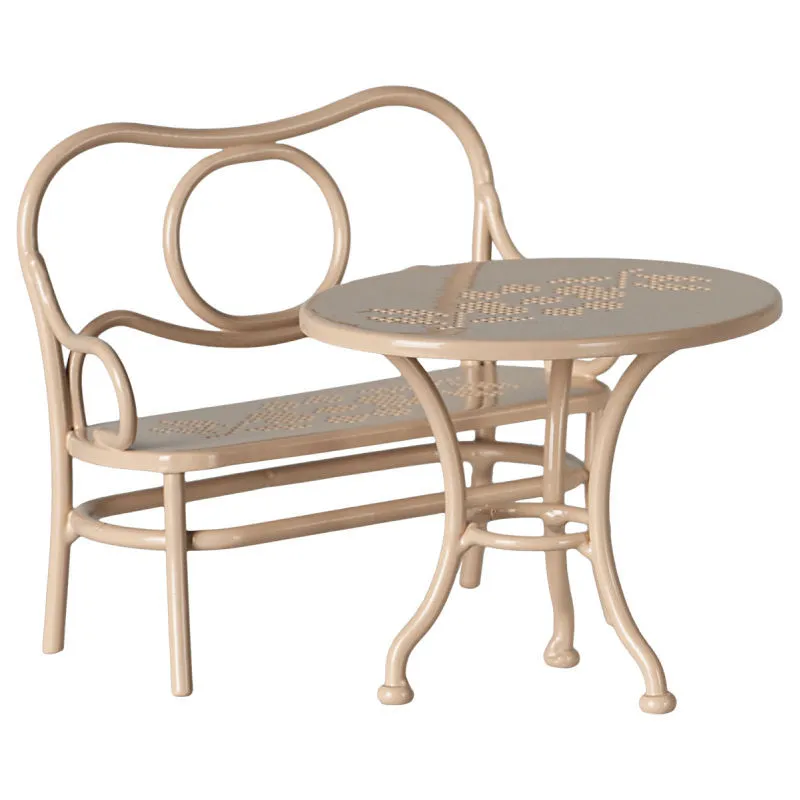 Ensemble table ovale avec banc vintage en métal pour souris Maileg - Rose pâle