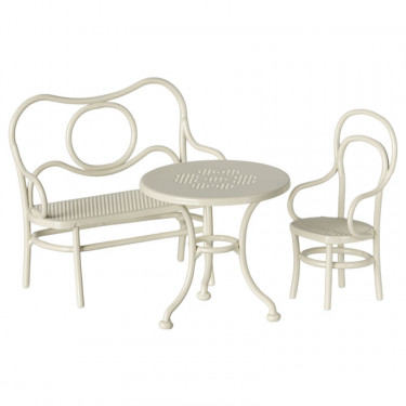 Ensemble table ronde avec banc et chaise en métal pour souris Maileg - Blanc cassé