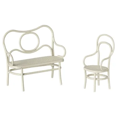 Ensemble table ronde avec banc et chaise en métal pour souris Maileg - Blanc cassé