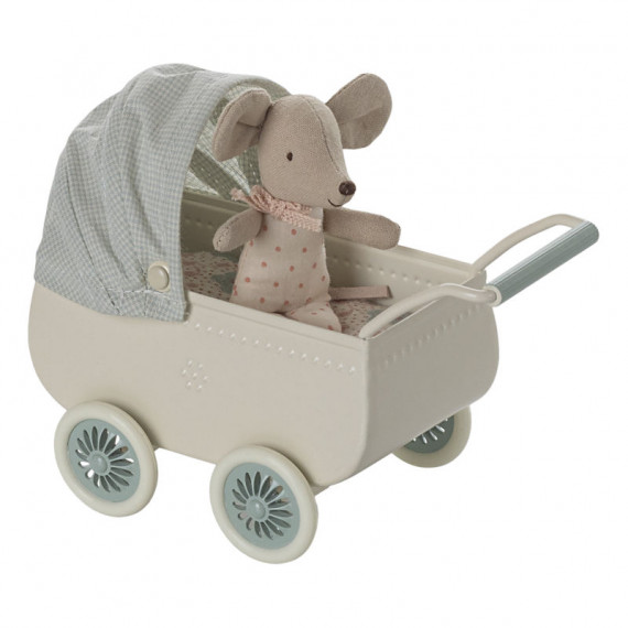 Landau avec bébé souris Maileg - Bleu menthe
