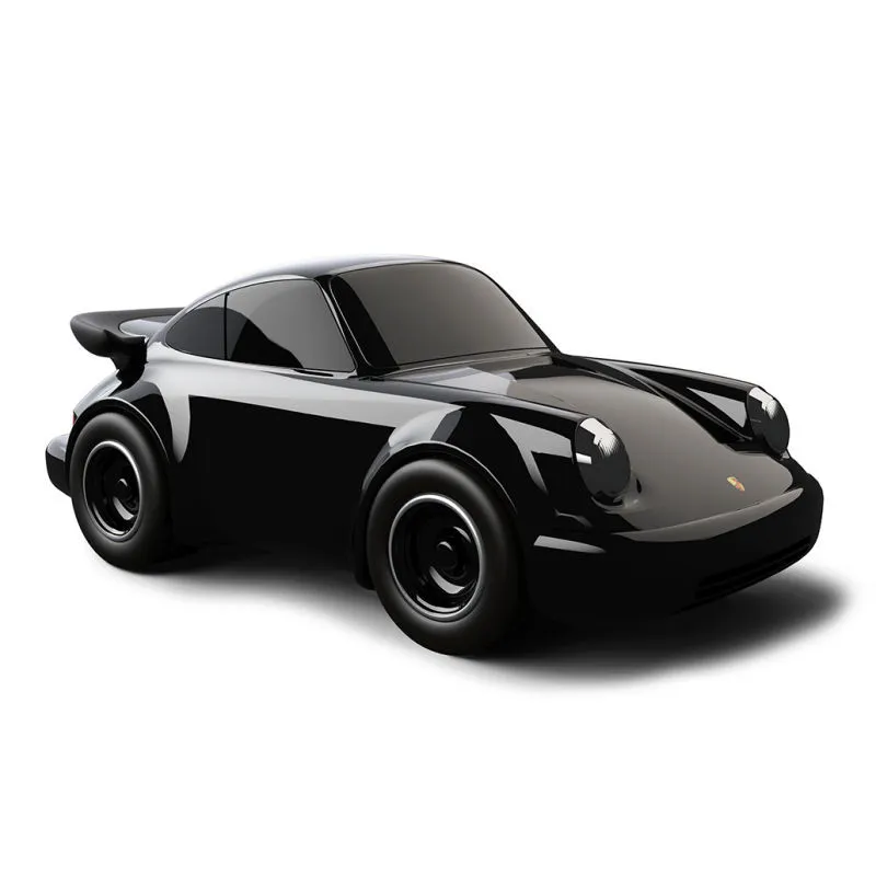 Voiture miniature Porsche 911 noire, modèle Racing Car Porsche 911 Noire, jouet Baghera – 530, profil inclinée sur fond blanc.