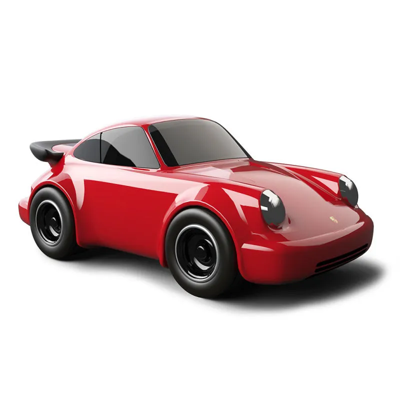 Voiture toy Porsche 911 rouge Baghera, design sportive avec toit noir et spoiler arrière.