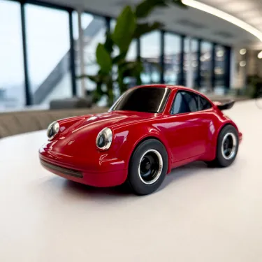 Voiture-jouet rouge Porsche 911 de Baghera sur une table, avec vue floue d’un espace intérieur en arrière-plan.