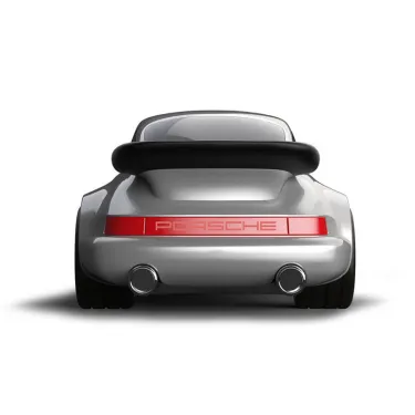 Racing Car Porsche 911 Silver, jouet voiture Baghera - vue arrière avec spoiler et double pots d’échappement