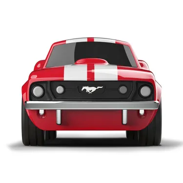 Voiture jouet Ford Mustang rouge Racing Car Ford Mustang Rouge, design épuré avec rayures blanches, vue de face.