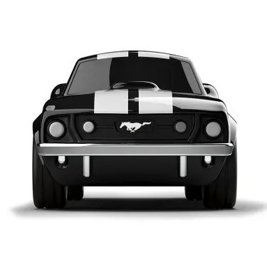 Voiture jouet Ford Mustang noire, esprit racing, design épuré avec bandes blanches centrales et emblème cheval Ford Mustang.