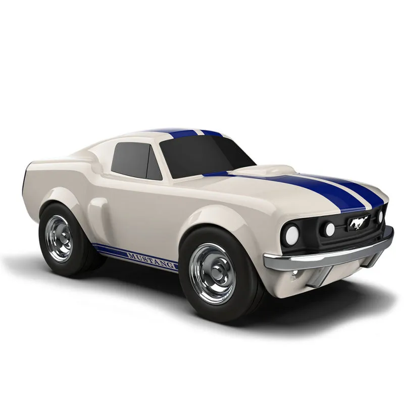 Voiture jouet Ford Mustang Beige avec rayures bleues, style muscle car au design rétro Baghera, miniature à roues chromées.