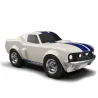 Voiture jouet Ford Mustang Beige avec rayures bleues, style muscle car au design rétro Baghera, miniature à roues chromées.