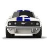 Voiture jouet Ford Mustang beige avec bande bleue centrale, calandre noire et phares gris, vue frontale.
