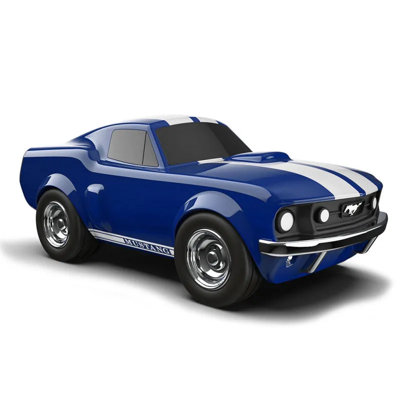 Voiture jouet Ford Mustang Bleue racing, modèle Baghera - 496, design bleu emblématique avec bandes blanches et pneus larges.