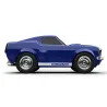 Voiture-jouet Ford Mustang bleue, racing car Baghera – profil latéral avec roues chromées et motif Mustang sur la robe bleue.