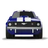 Voiture jouet Ford Mustang bleue, design musclé avec bandes blanches, grilles et logo cheval, vue de face.