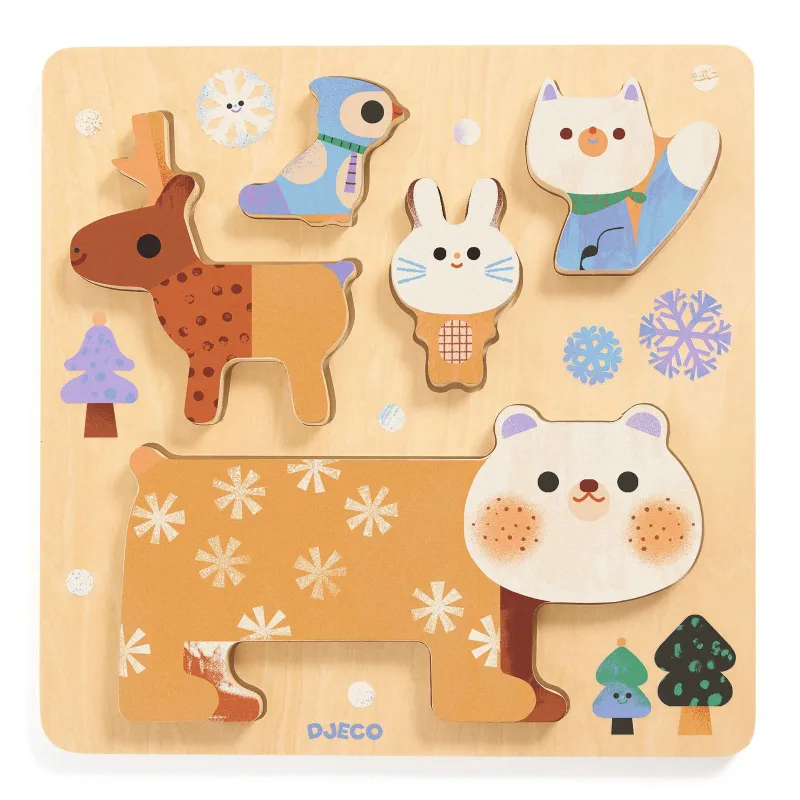 Puzzle relief en bois Woody Stack, jeu d'encastrement et d'empilement DJECO 1090