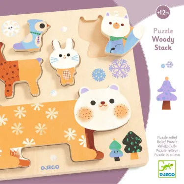 Puzzle relief en bois Woody Stack, jeu d'encastrement et d'empilement DJECO 1090