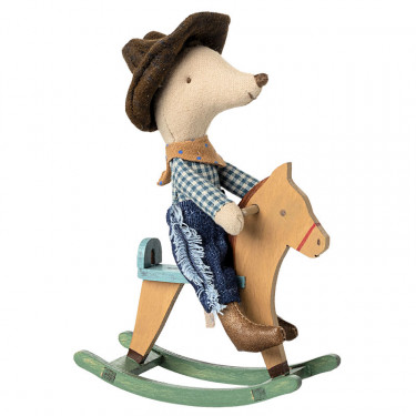 Souris Cow-boy sur son cheval à bascule Maileg - Petit frère