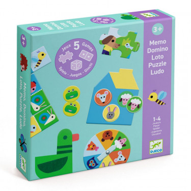 Coffret 5 jeux "A la ferme" DJECO 8275 - Memo Domino Loto Puzzle Ludo