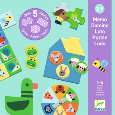 Coffret 5 jeux "A la ferme" DJECO 8275 - Memo Domino Loto Puzzle Ludo