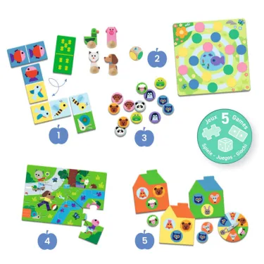 Coffret 5 jeux "A la ferme" DJECO 8275 - Memo Domino Loto Puzzle Ludo