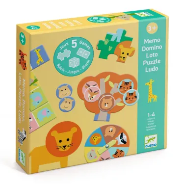 Coffret 5 jeux "Animaux sauvages" DJECO 8276 - Memo Domino Loto Puzzle Ludo