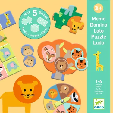 Coffret 5 jeux "Animaux sauvages" DJECO 8276 - Memo Domino Loto Puzzle Ludo
