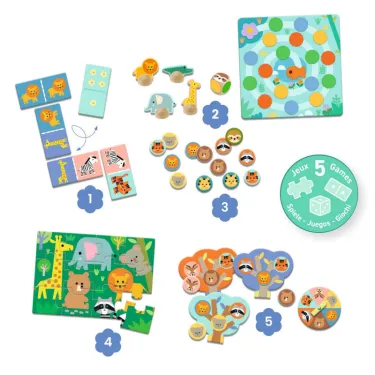 Coffret 5 jeux "Animaux sauvages" DJECO 8276 - Memo Domino Loto Puzzle Ludo